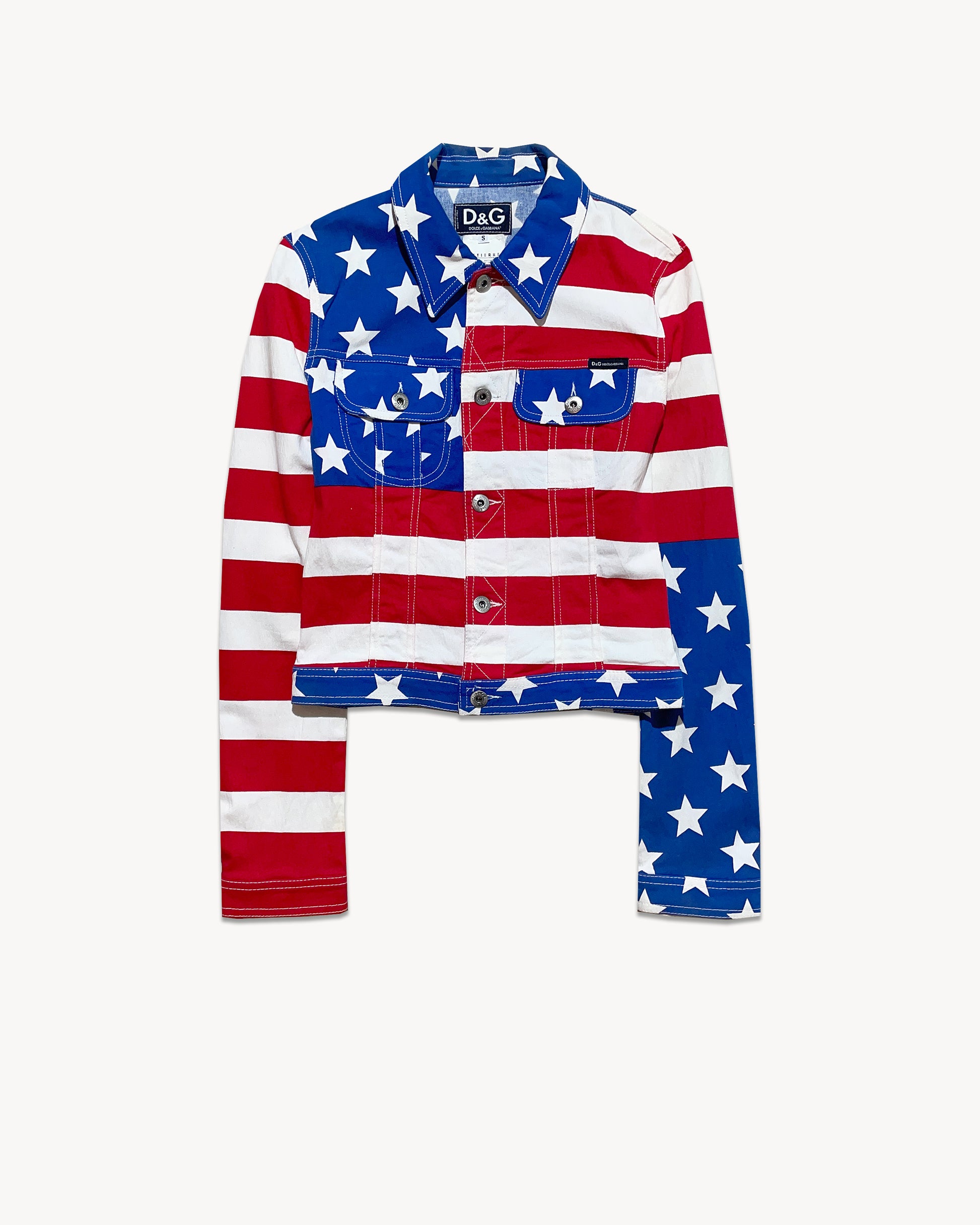 American flag-themed shirt with 'D&G' branding on a white background