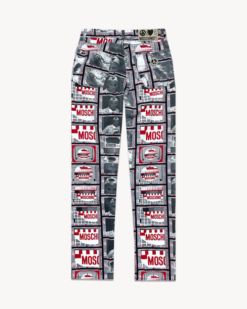 Rare vintage 1995 Moschino high-waisted straight-leg jeans with 90s screen-print graphics