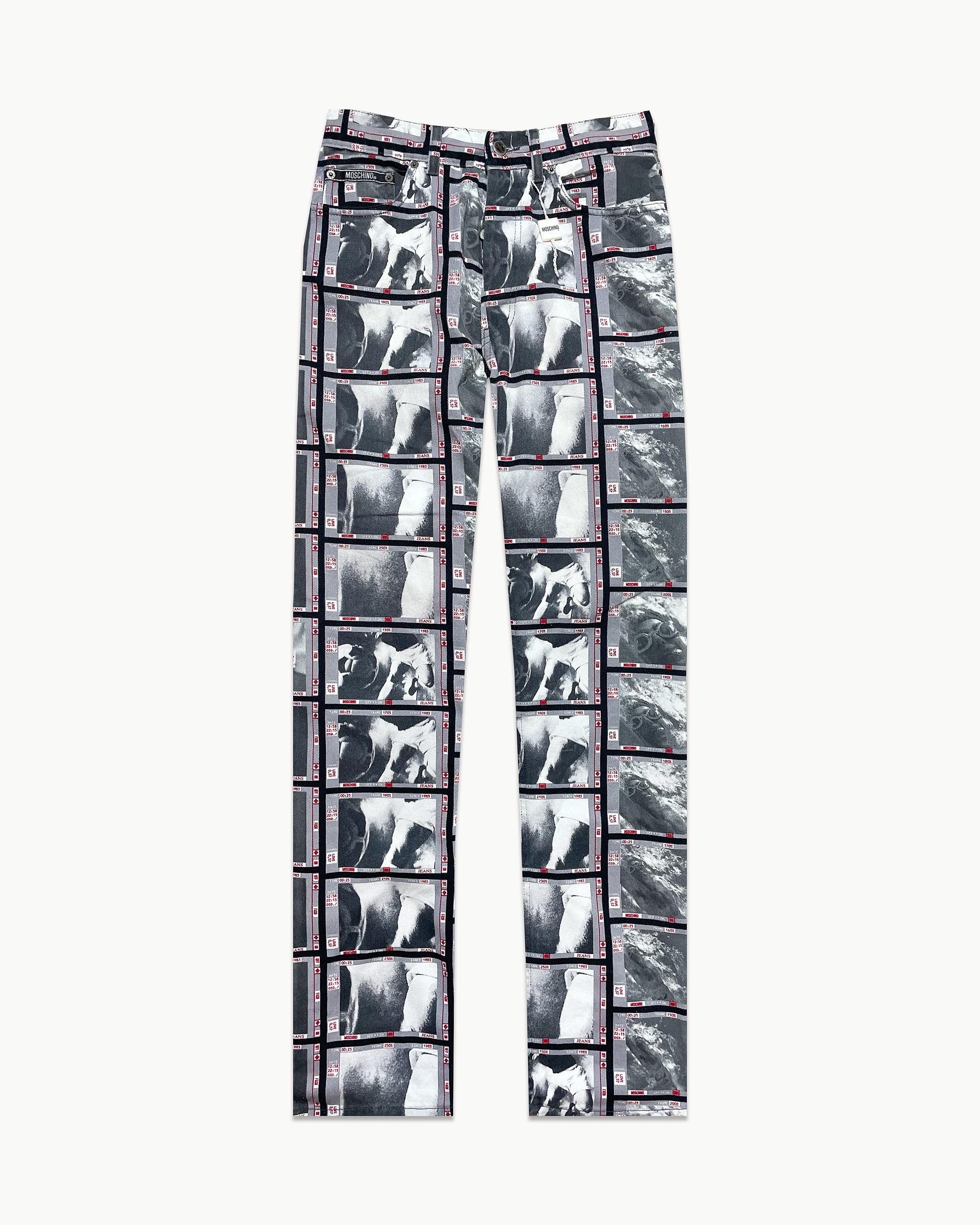 Rare vintage Moschino high-waisted straight-leg jeans with 90s screen-print graphics