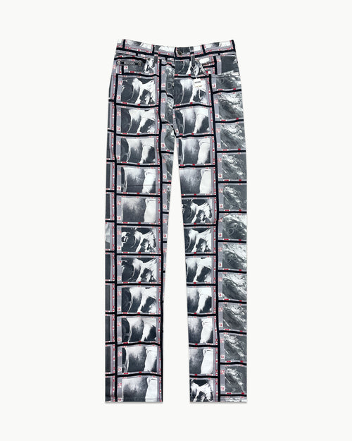 Rare vintage Moschino high-waisted straight-leg jeans with 90s screen-print graphics