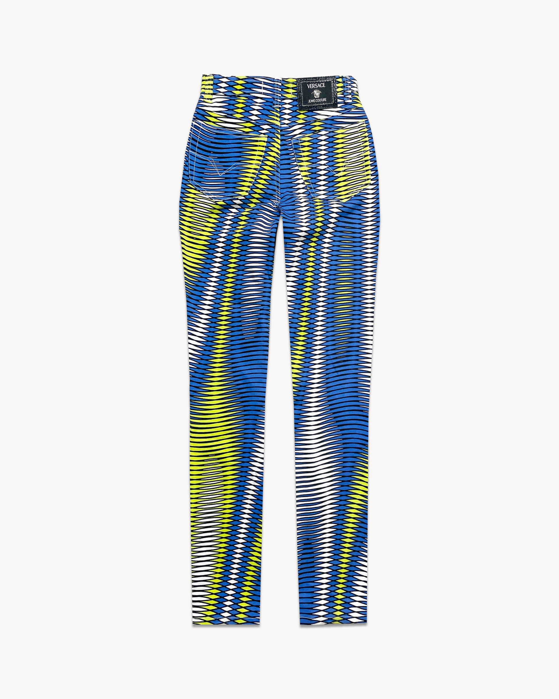 Vintage Versace high-waist cotton trousers featuring wavy illusion pattern